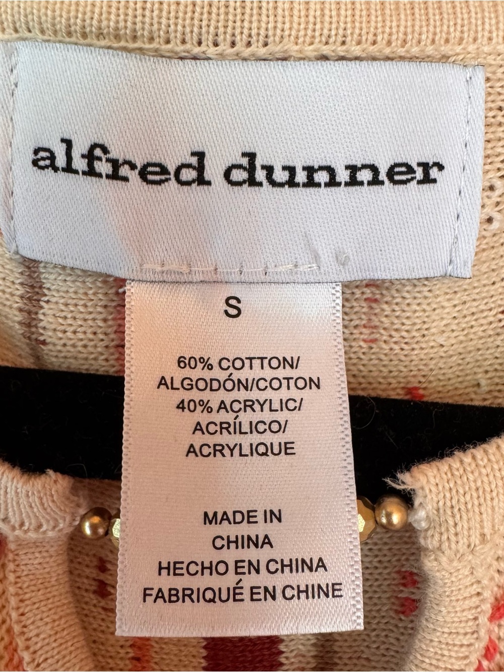 Alfred Dunner Cream Multicolor Striped Knit Top Small Tunic Gold Beads VTG - Picture 2 of 7